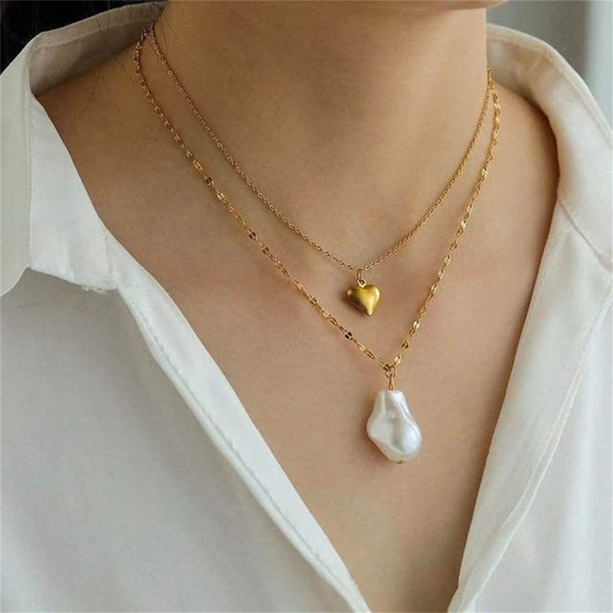 Pearl & 18K Gold-Plated Heart-Pendant Layered Necklace