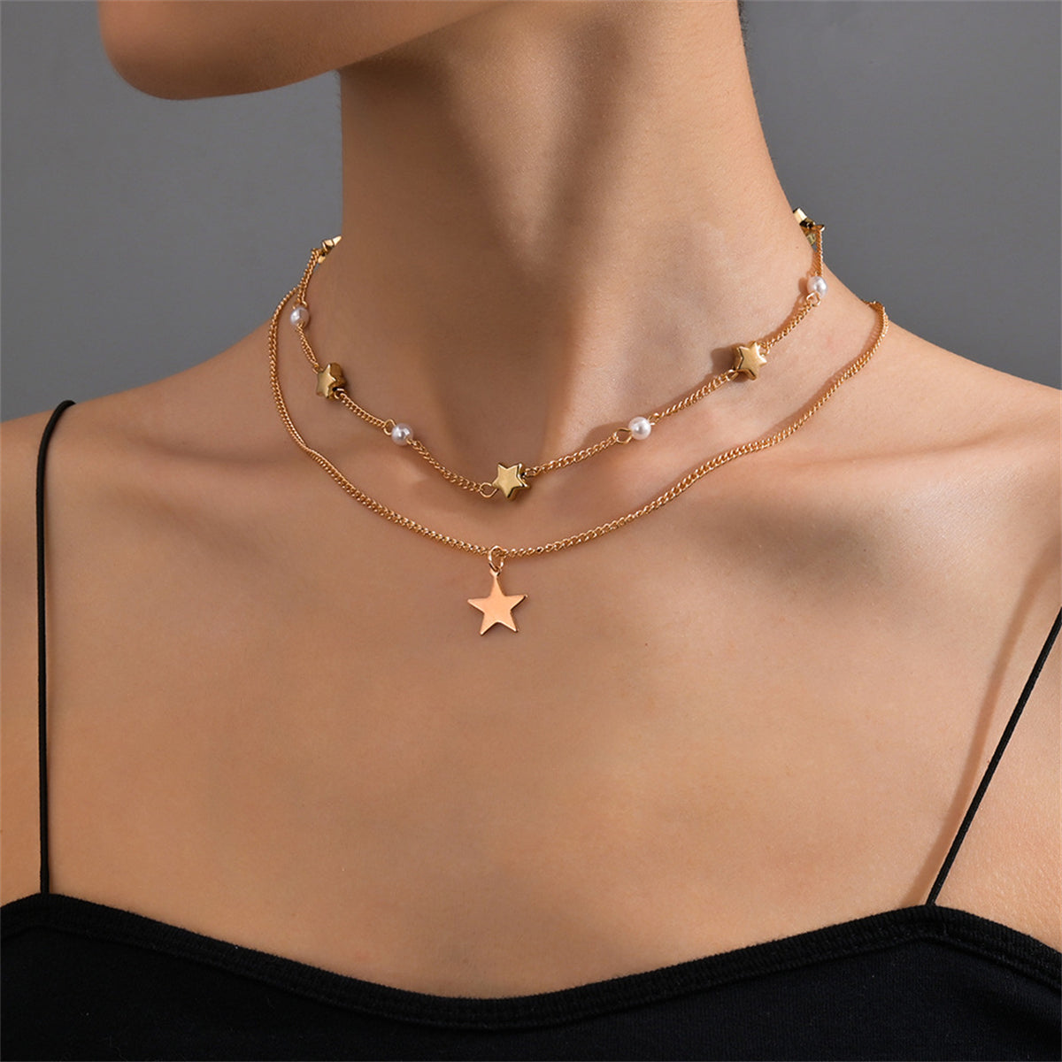 Pearl & 18K Gold-Plated Star Layered Pendant Necklace