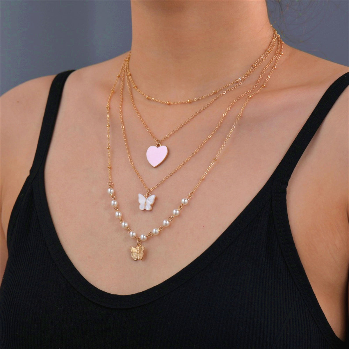 Pearl & Pink Enamel 18K Gold-Plated Heart Pendant Layered Necklace