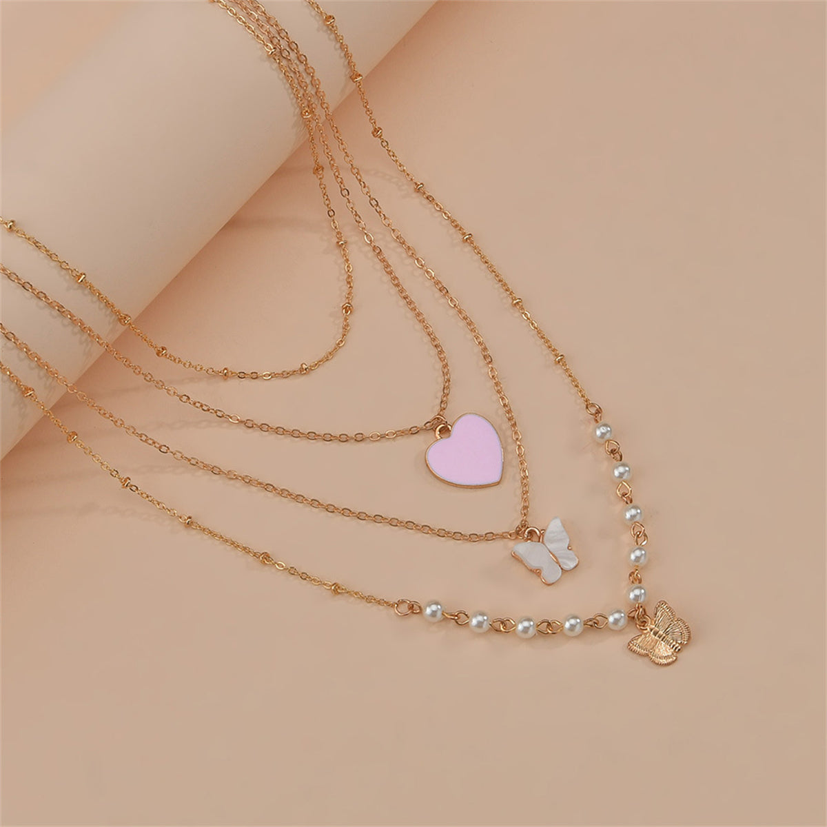 Pearl & Pink Enamel 18K Gold-Plated Heart Pendant Layered Necklace