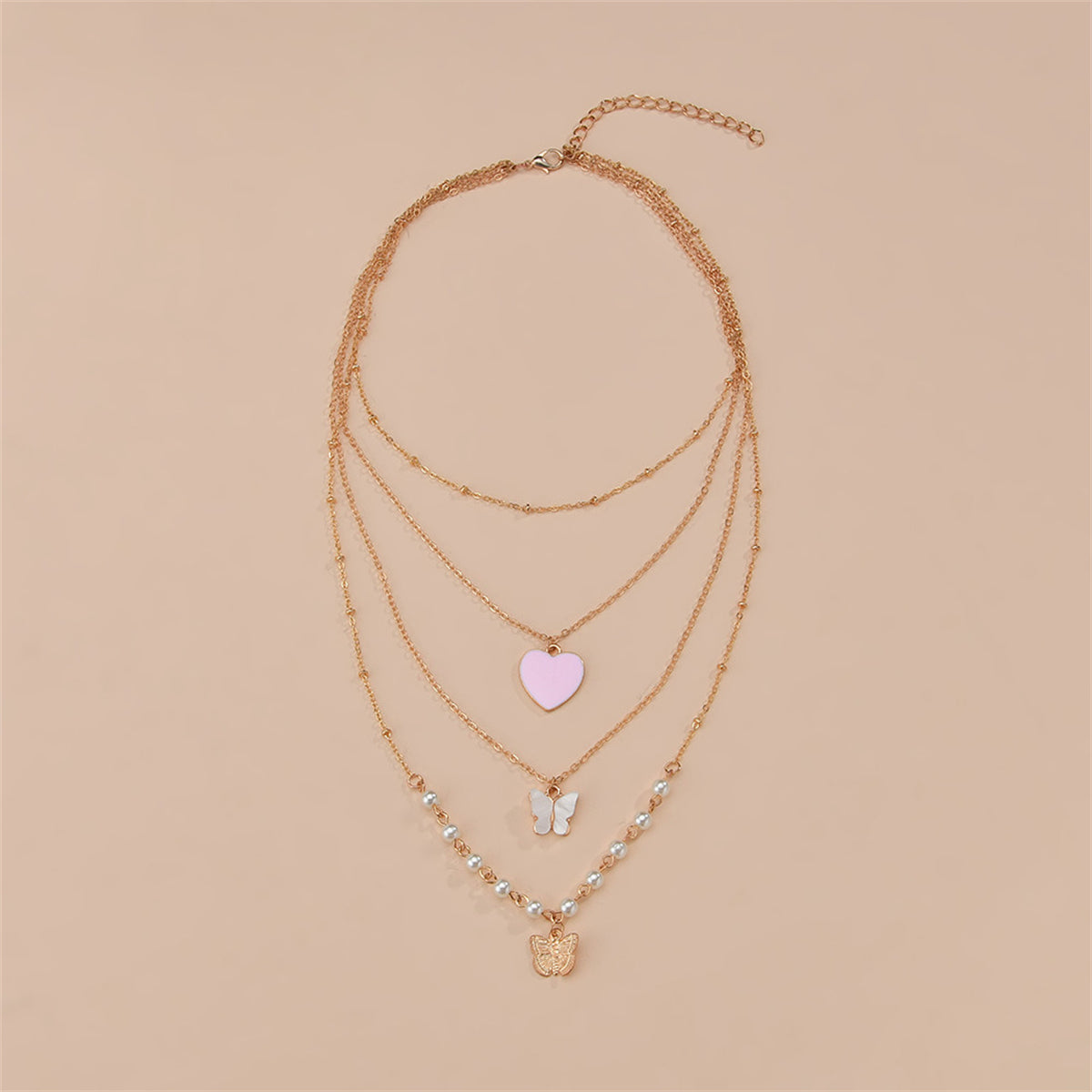 Pearl & Pink Enamel 18K Gold-Plated Heart Pendant Layered Necklace