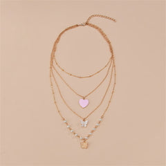 Pearl & Pink Enamel 18K Gold-Plated Heart Pendant Layered Necklace