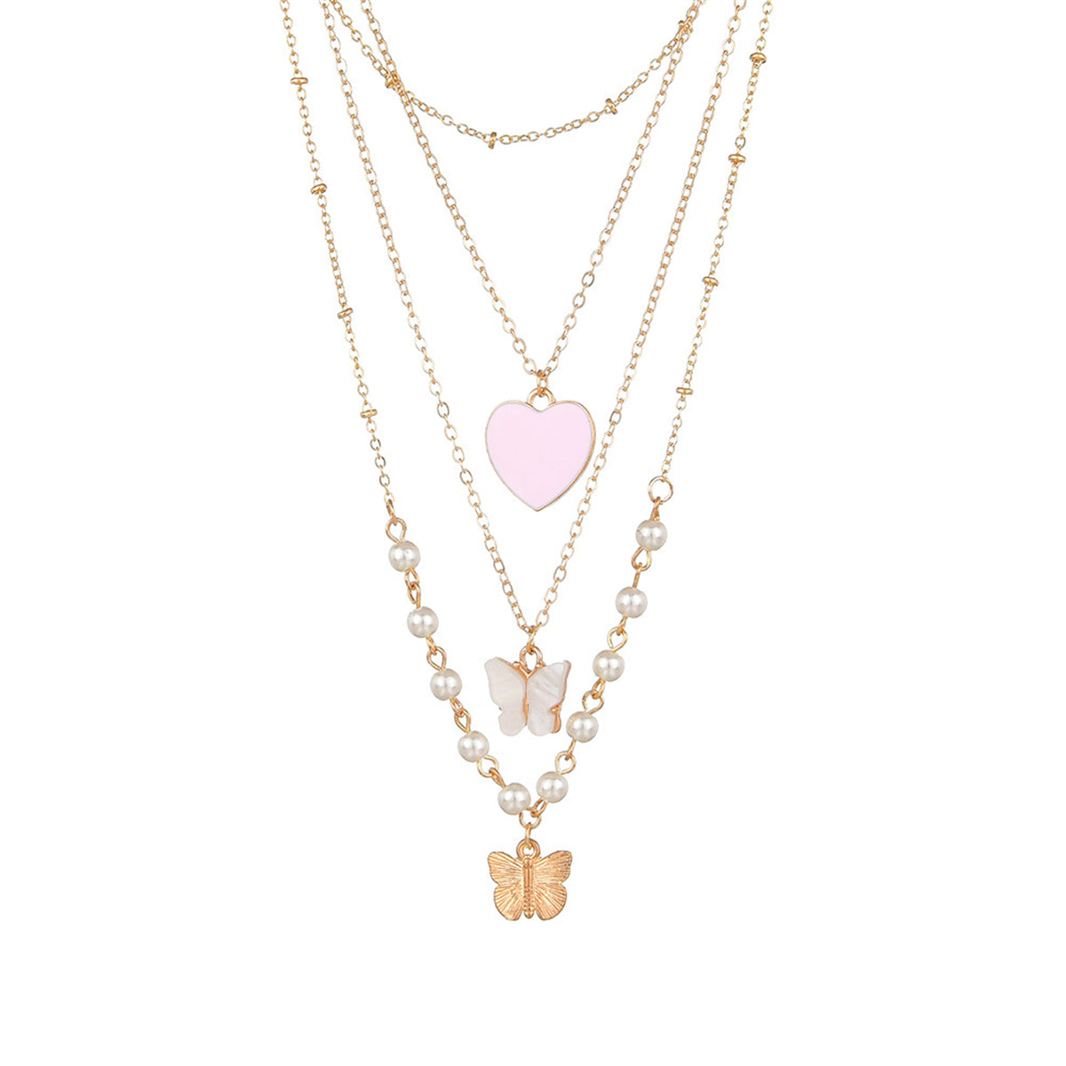 Pearl & Pink Enamel 18K Gold-Plated Heart Pendant Layered Necklace