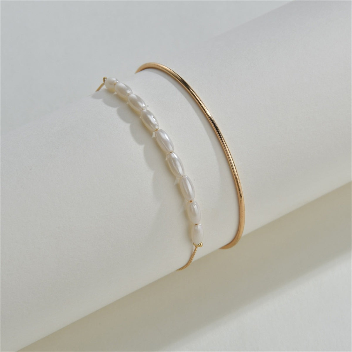 Pearl & 18K Gold-Plated Oval Bracelet Set