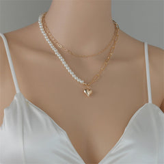 Pearl & 18K Gold-Plated Heart Layered Pendant Necklace