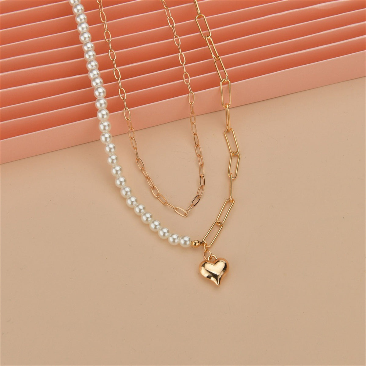 Pearl & 18K Gold-Plated Heart Layered Pendant Necklace