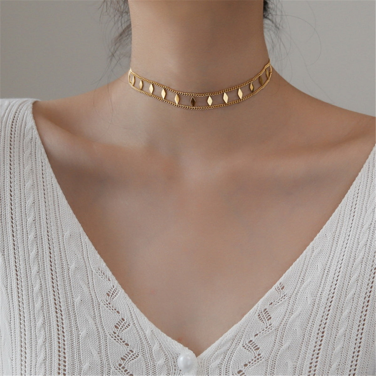 18K Gold-Plated Twine Chain Rhombus Layered Choker Necklace