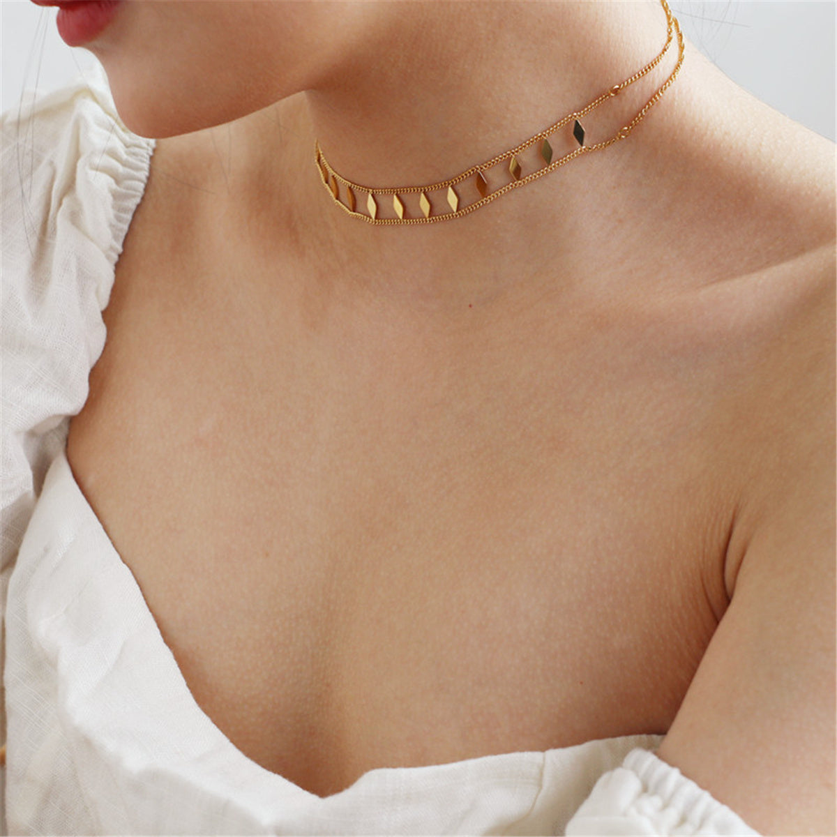 18K Gold-Plated Twine Chain Rhombus Layered Choker Necklace