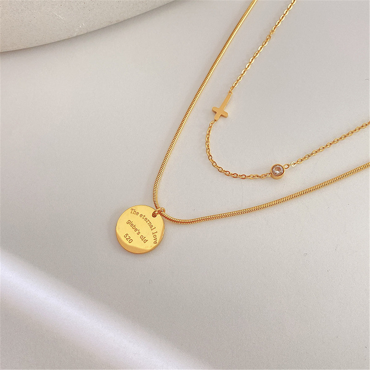 Cubic Zirconia & 18K Gold-Plated Cross & Round Pendant Layered Necklace