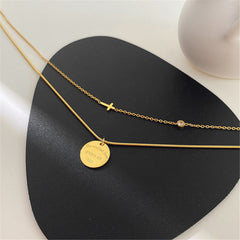 Cubic Zirconia & 18K Gold-Plated Cross & Round Pendant Layered Necklace