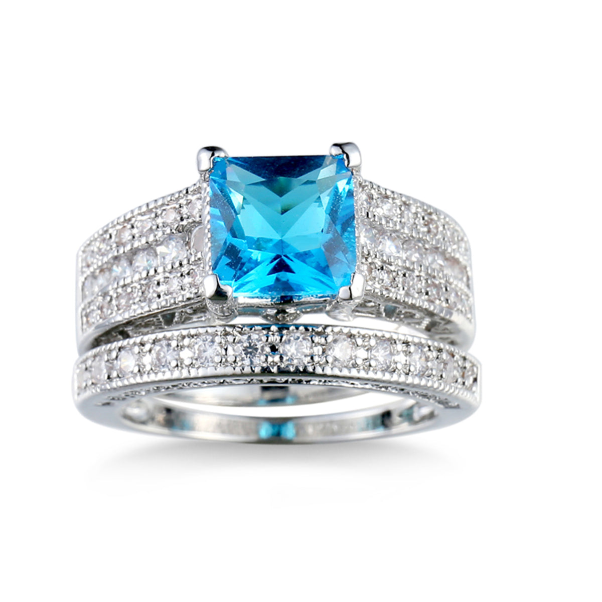 Sea Blue Crystal & Cubic Zirconia Band Ring Set