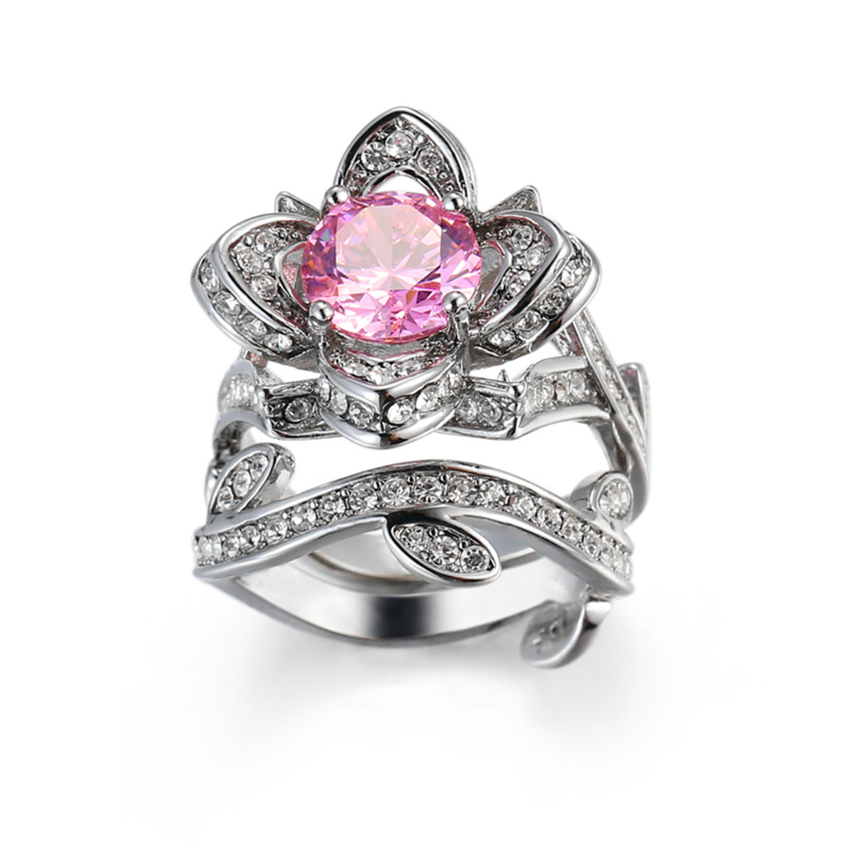 Pink Crystal & Cubic Zirconia Flower Ring Set