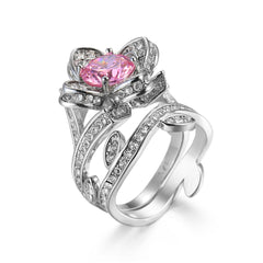 Pink Crystal & Cubic Zirconia Flower Ring Set