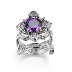 Purple Crystal & Cubic Zirconia Flower Ring Set