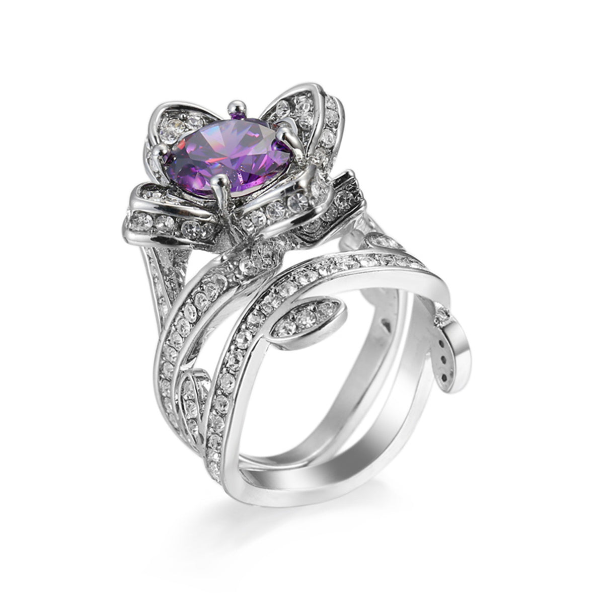 Purple Crystal & Cubic Zirconia Flower Ring Set