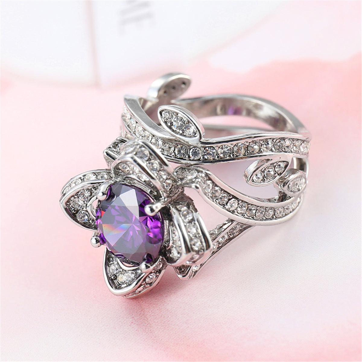 Purple Crystal & Cubic Zirconia Flower Ring Set