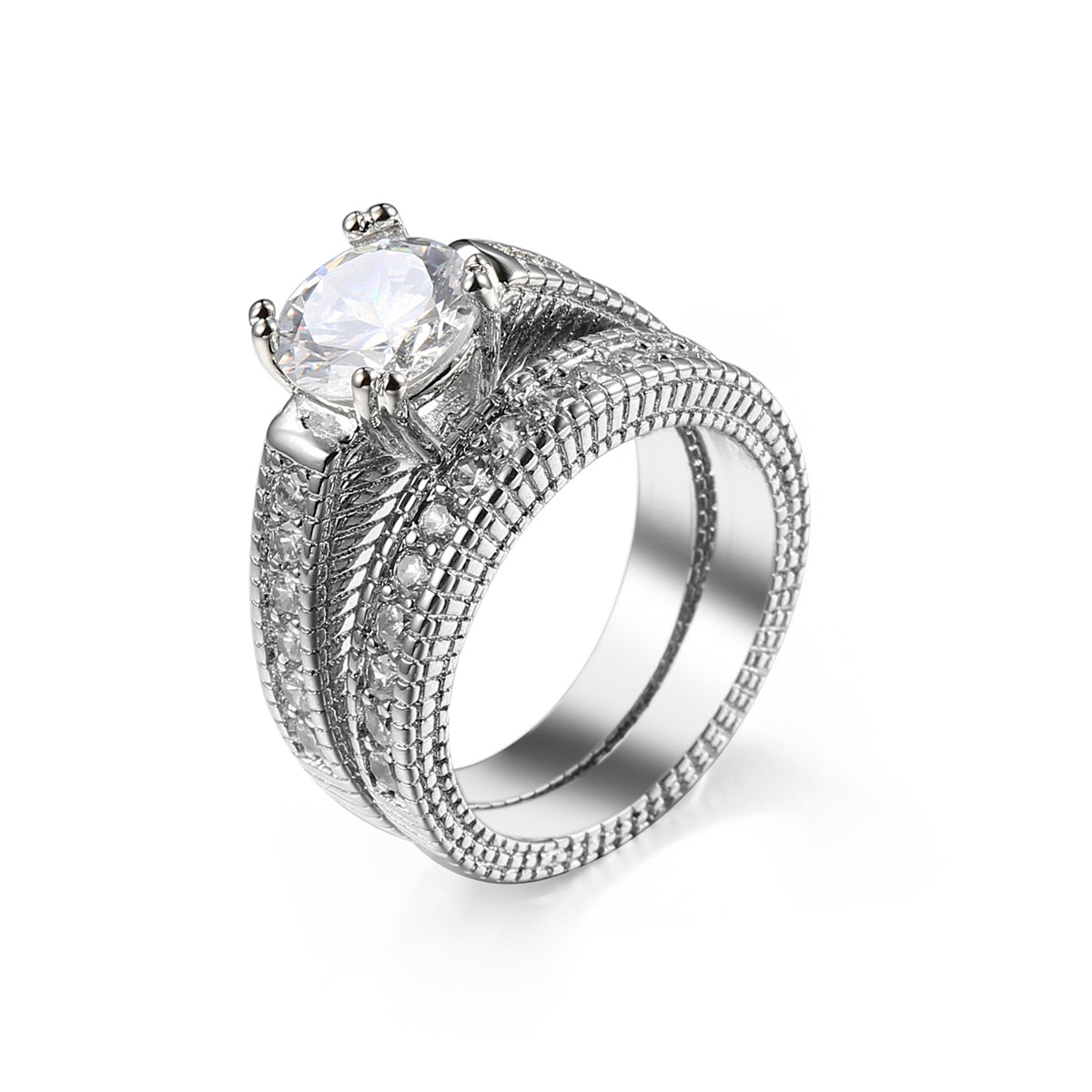 Crystal & Cubic Zirconia Silver-Plated  Round Ring & Pavé Band