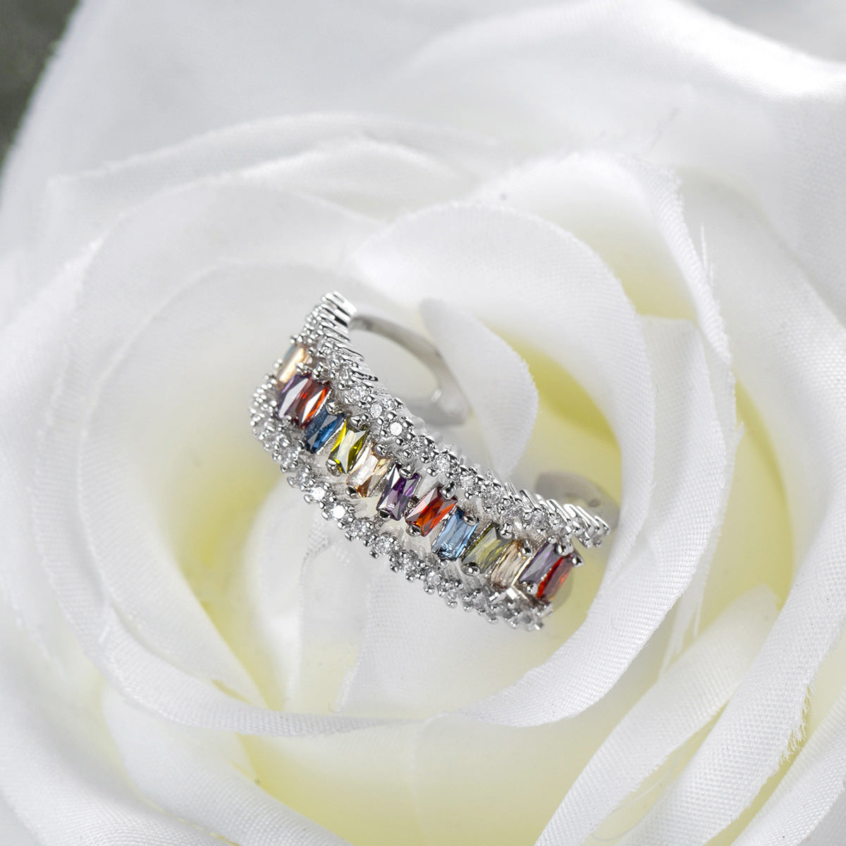 Multicolor Crystal & Cubic Zirconia Silver-Plated Open Ring