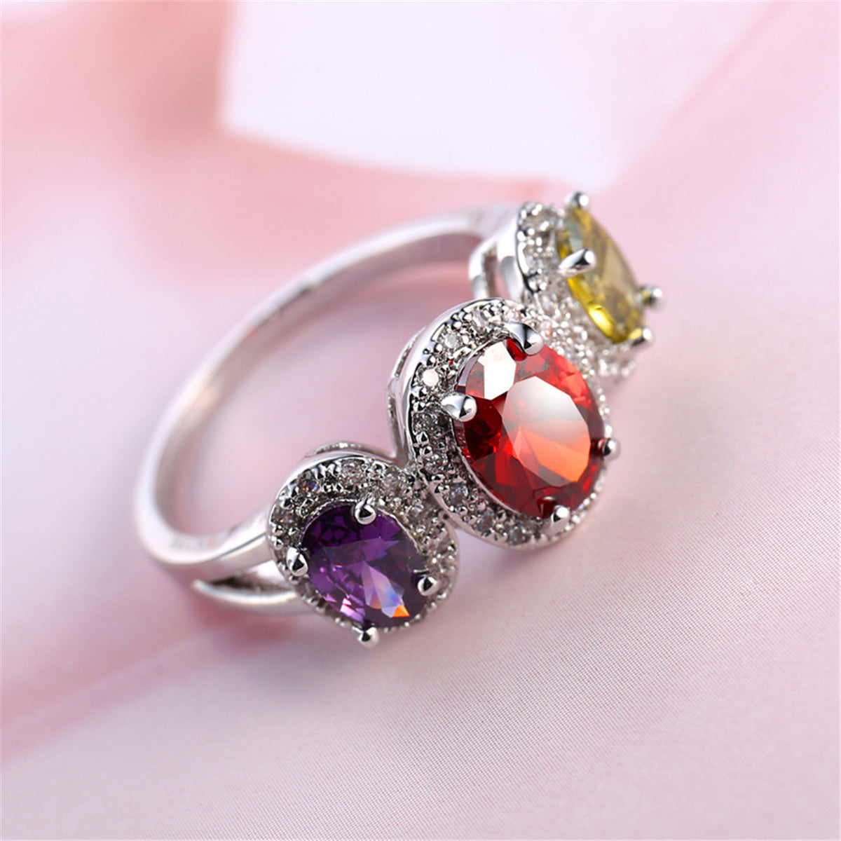 Multicolor Crystal & Cubic Zirconia Silver-Plated Oval Band Ring