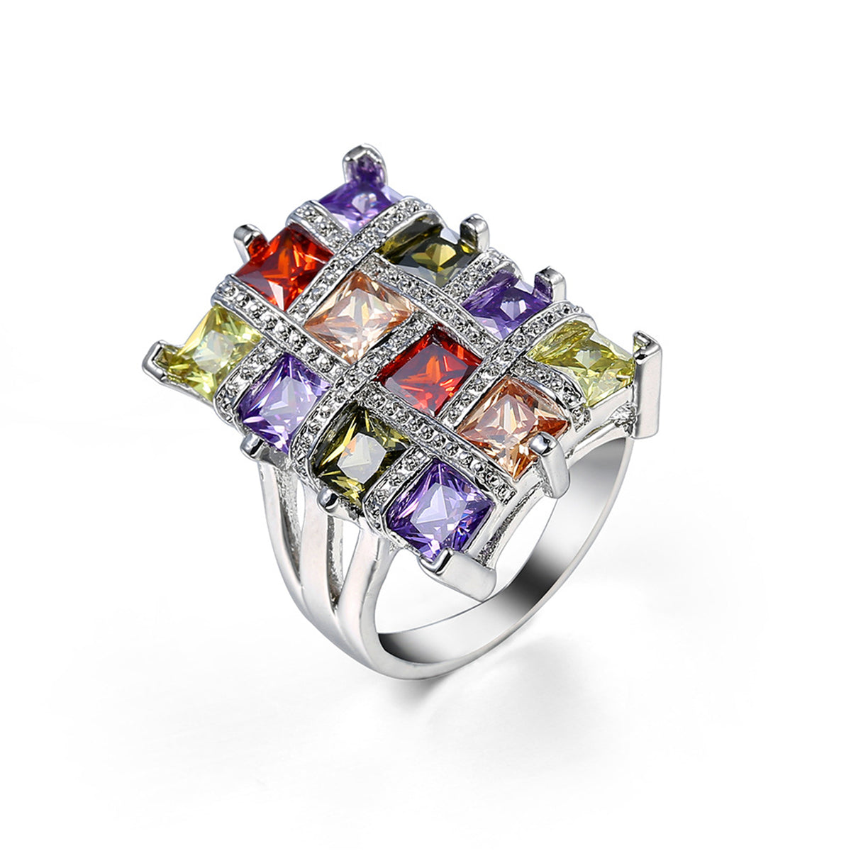 Multicolor Crystal & Cubic Zirconia Silver-Plated Block Ring