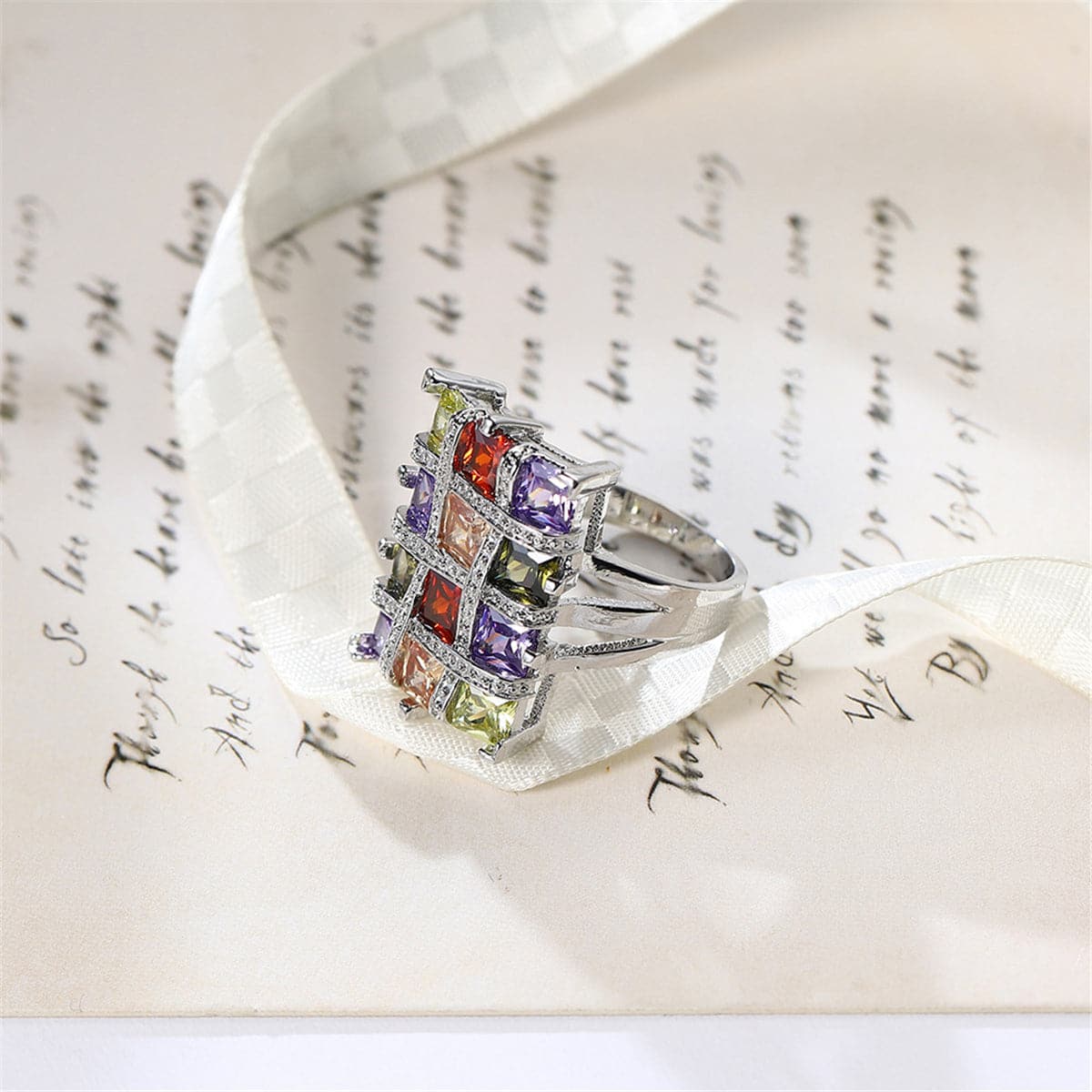 Multicolor Crystal & Cubic Zirconia Silver-Plated Block Ring