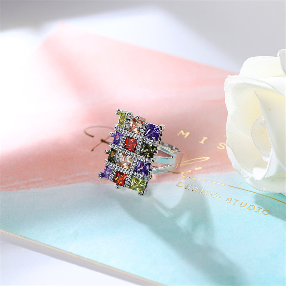 Multicolor Crystal & Cubic Zirconia Silver-Plated Block Ring