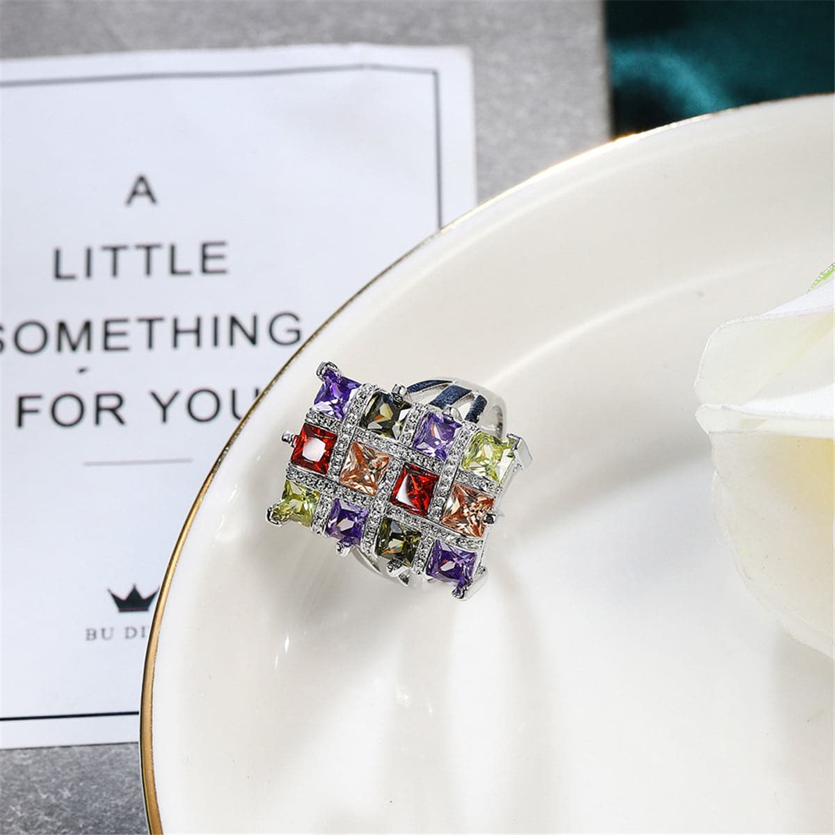 Multicolor Crystal & Cubic Zirconia Silver-Plated Block Ring