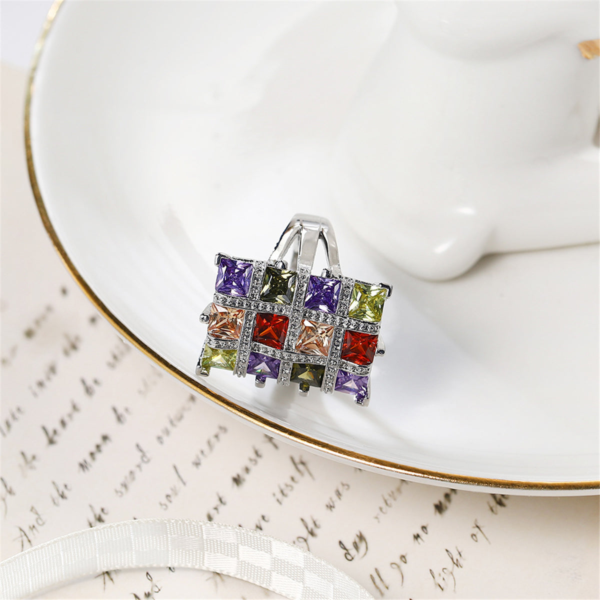 Multicolor Crystal & Cubic Zirconia Silver-Plated Block Ring