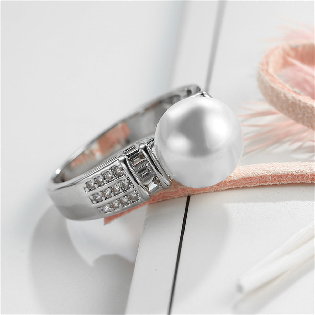 Pearl & Cubic Zirconia Silver-Plated Pavé Ring