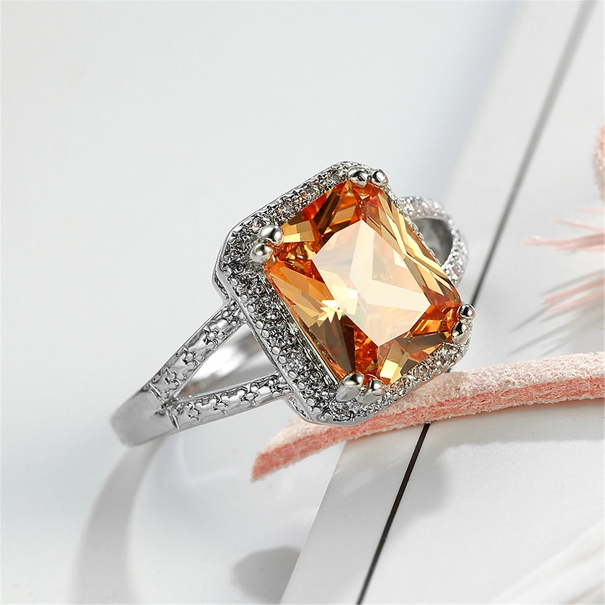 Champagne Crystal & Silver-Plated Radiant-Cut Ring