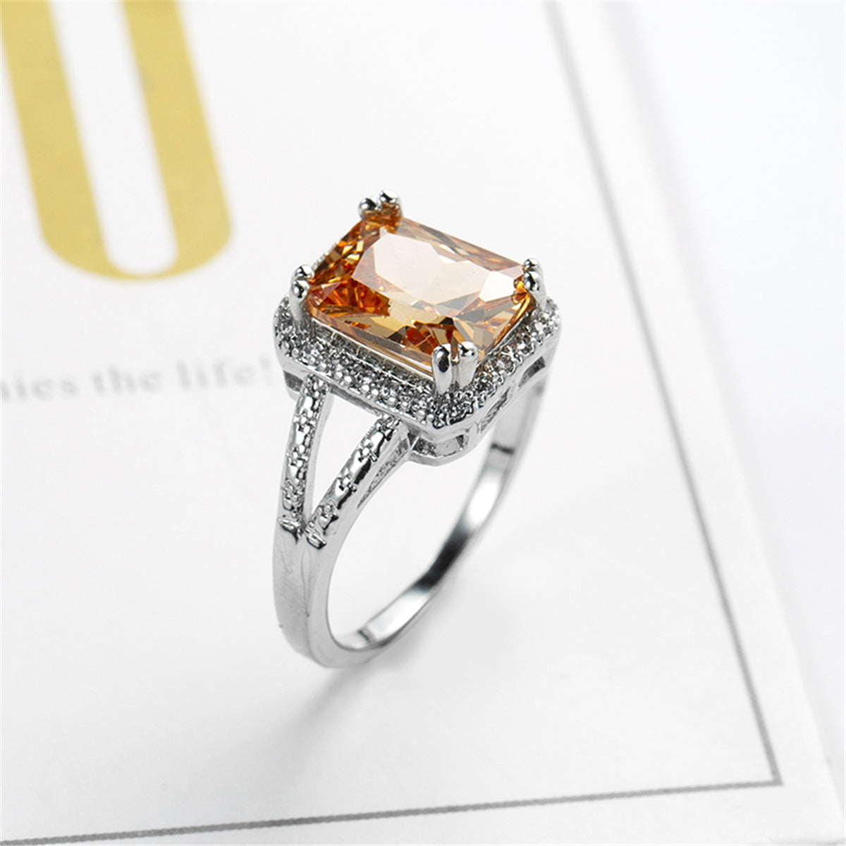 Champagne Crystal & Silver-Plated Radiant-Cut Ring