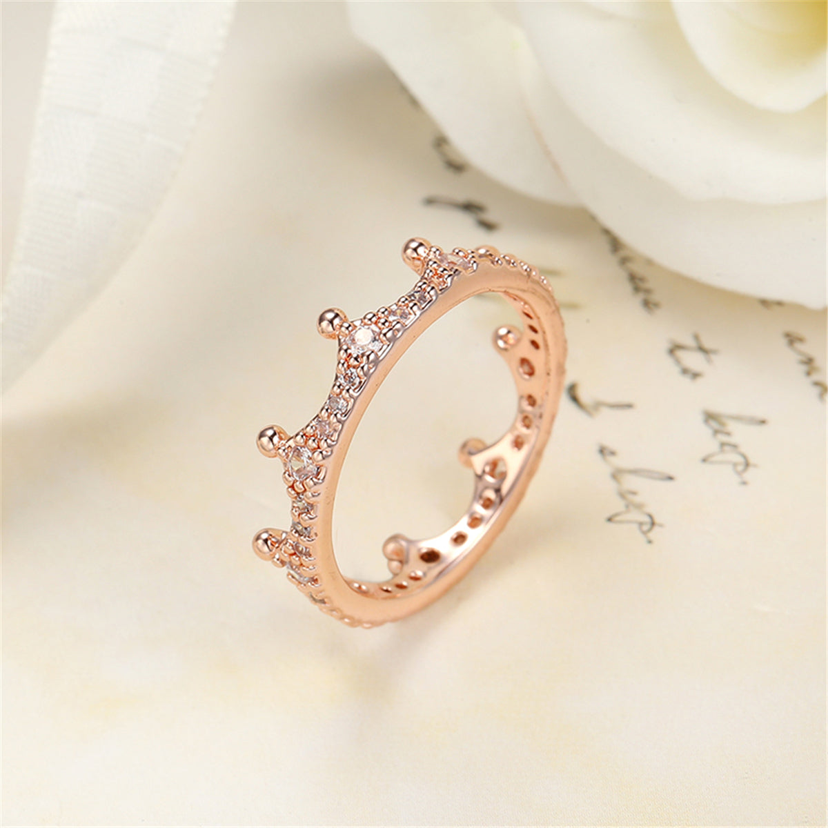 Cubic Zirconia & 18K Rose Gold-Plated Crown Band Ring