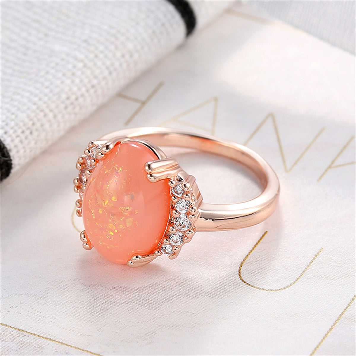 Orange Resin & Cubic Zirconia Oval-Cut Ring