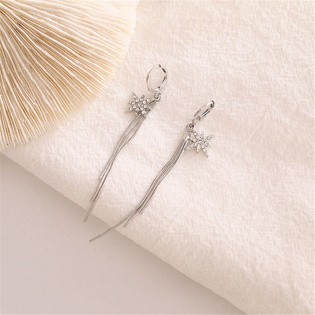 Cubic Zirconia & Silver-Plated Star Tassel Drop Earrings