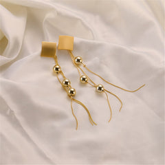 Elegant 18K gold-plated square earrings with a long chain and diamond-shaped beaded tassels for a stunning look.