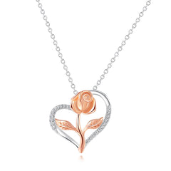 Cubic Zirconia & Two-Tone Rose Heart Pendant Necklace