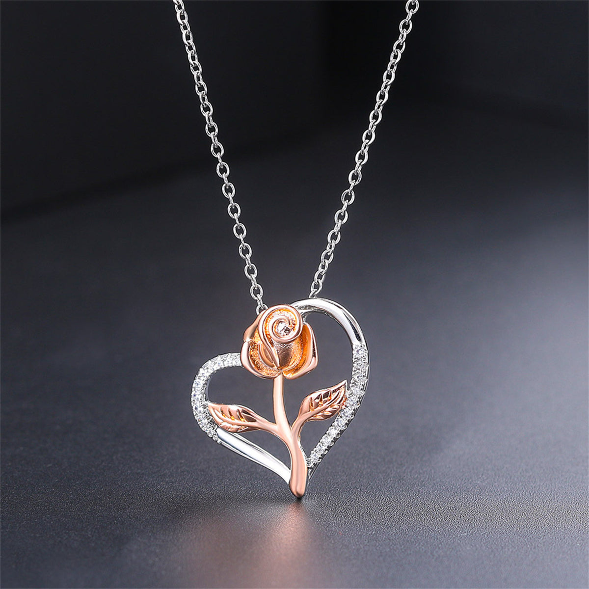 Cubic Zirconia & Two-Tone Rose Heart Pendant Necklace