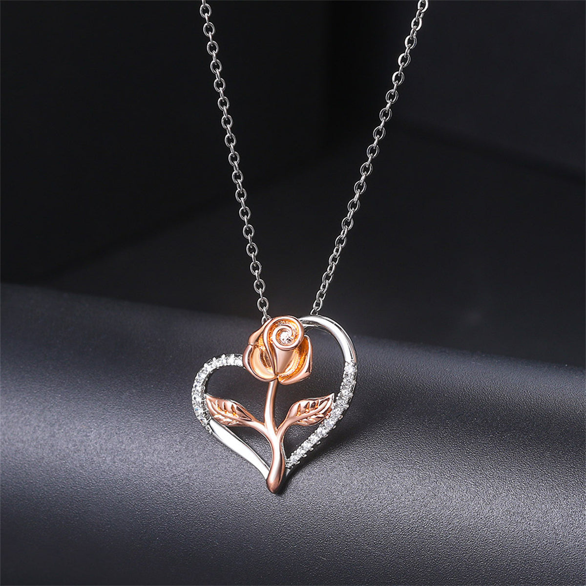 Cubic Zirconia & Two-Tone Rose Heart Pendant Necklace