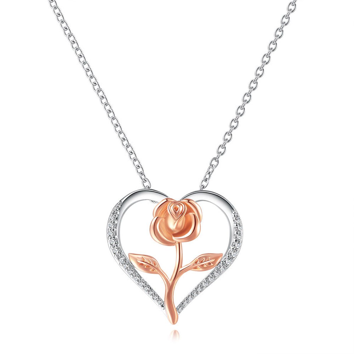 Cubic Zirconia & Two-Tone Rose Heart Pendant Necklace