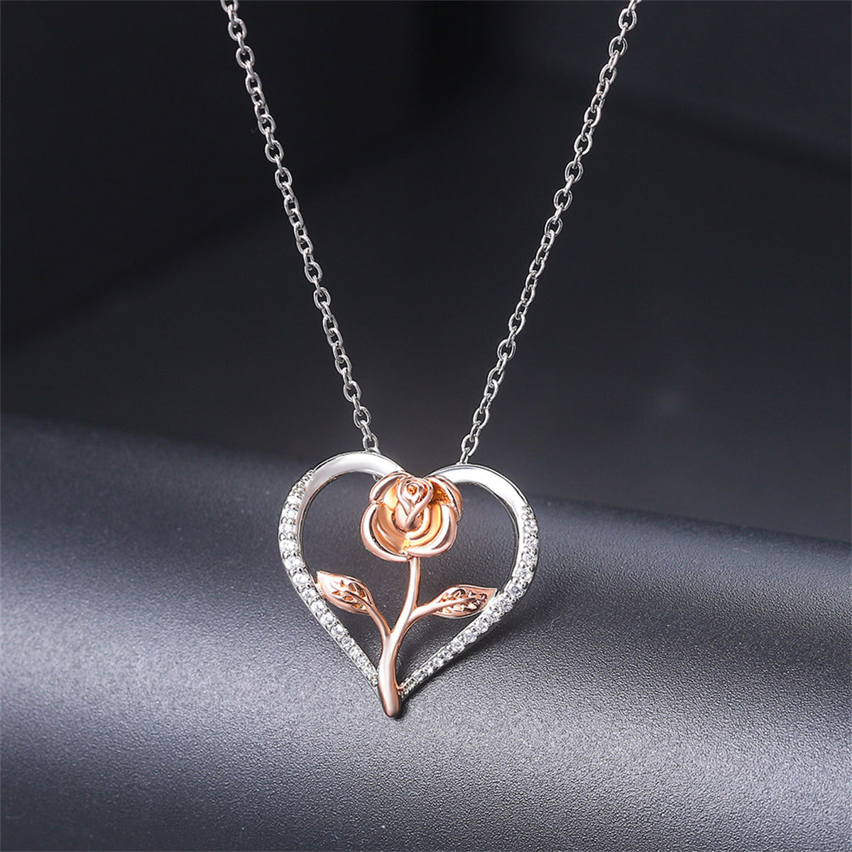 Cubic Zirconia & Two-Tone Rose Heart Pendant Necklace