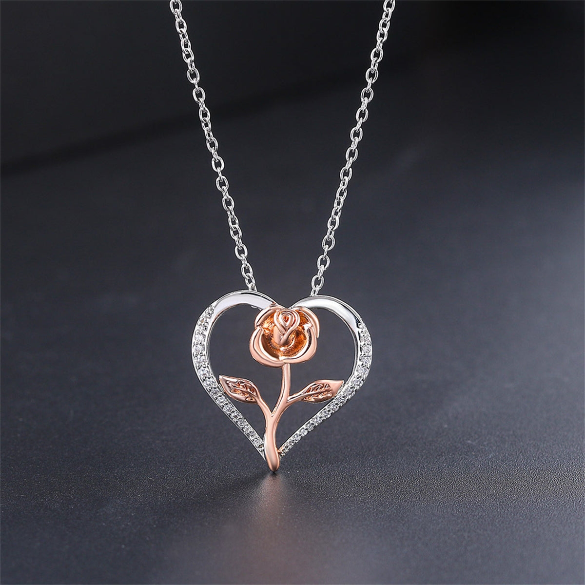 Cubic Zirconia & Two-Tone Rose Heart Pendant Necklace