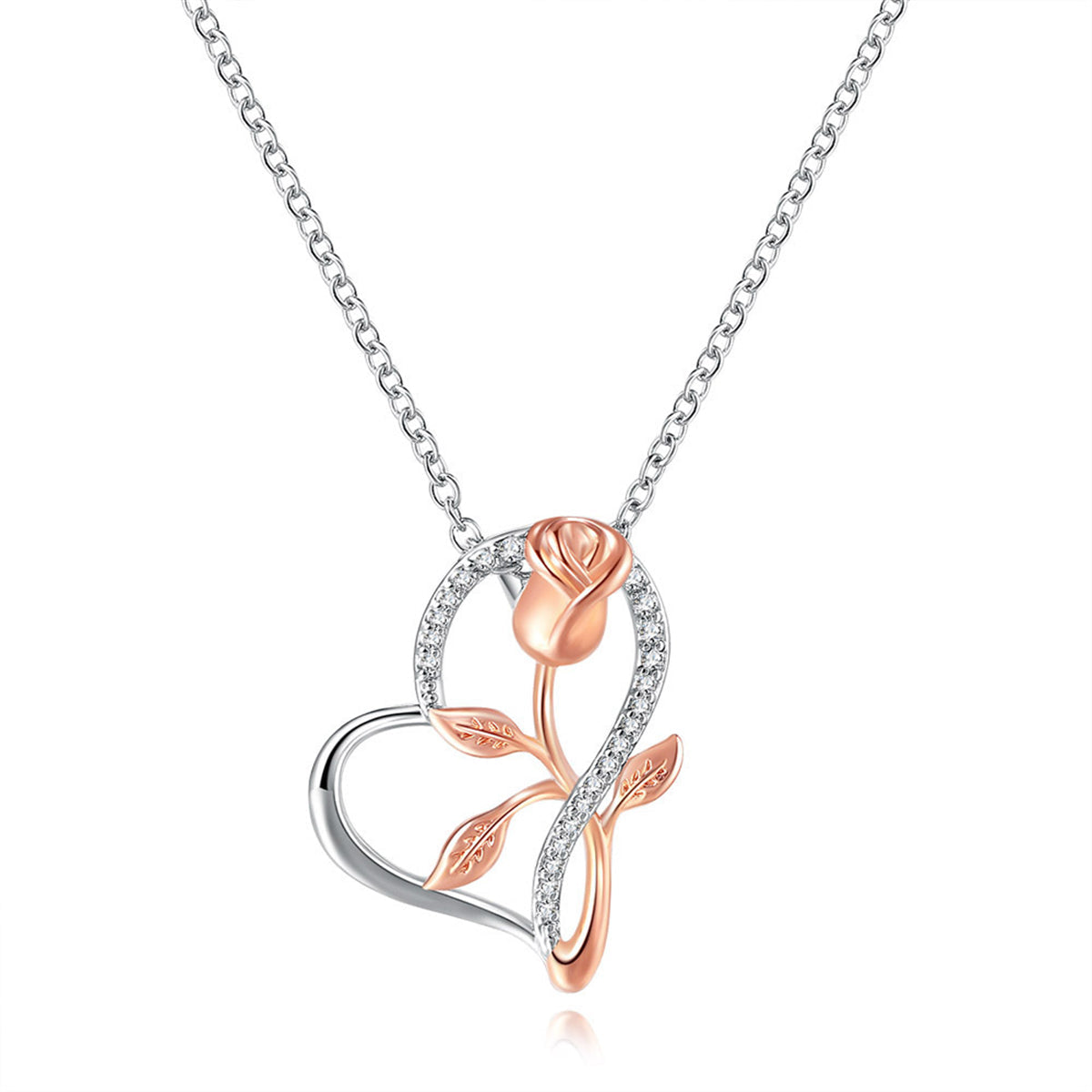 Cubic Zirconia & Two-Tone Floral Heart Pendant Necklace