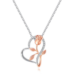 Cubic Zirconia & Two-Tone Floral Heart Pendant Necklace