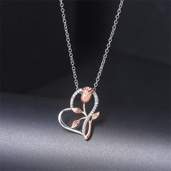 Cubic Zirconia & Two-Tone Floral Heart Pendant Necklace