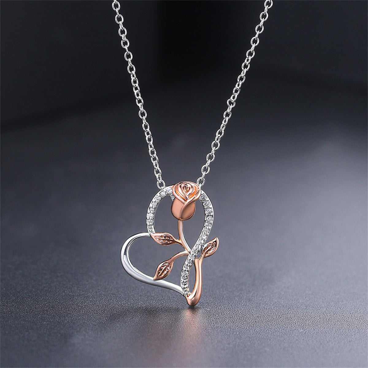 Cubic Zirconia & Two-Tone Floral Heart Pendant Necklace