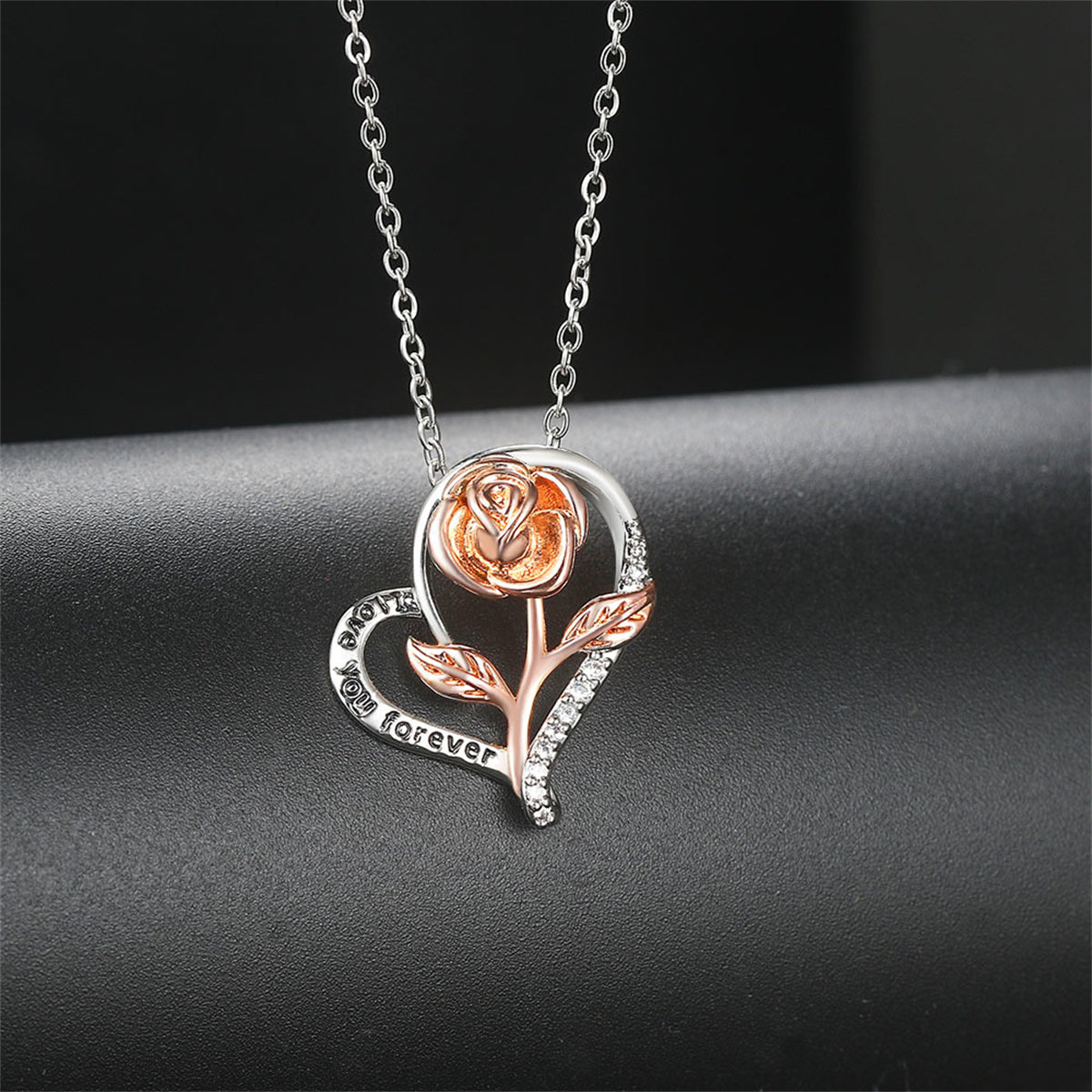 Cubic Zirconia & Two-Tone 'Love You Forever' Rose Pendant Necklace