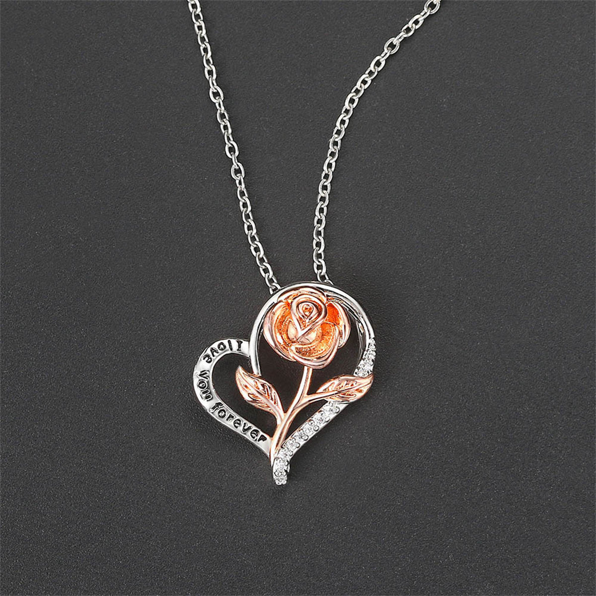 Cubic Zirconia & Two-Tone 'Love You Forever' Rose Pendant Necklace