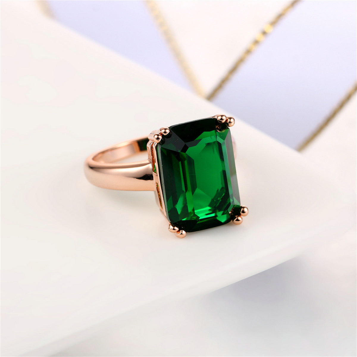 Green Crystal & 18K Rose Gold-Plated Emerald-Cut Ring