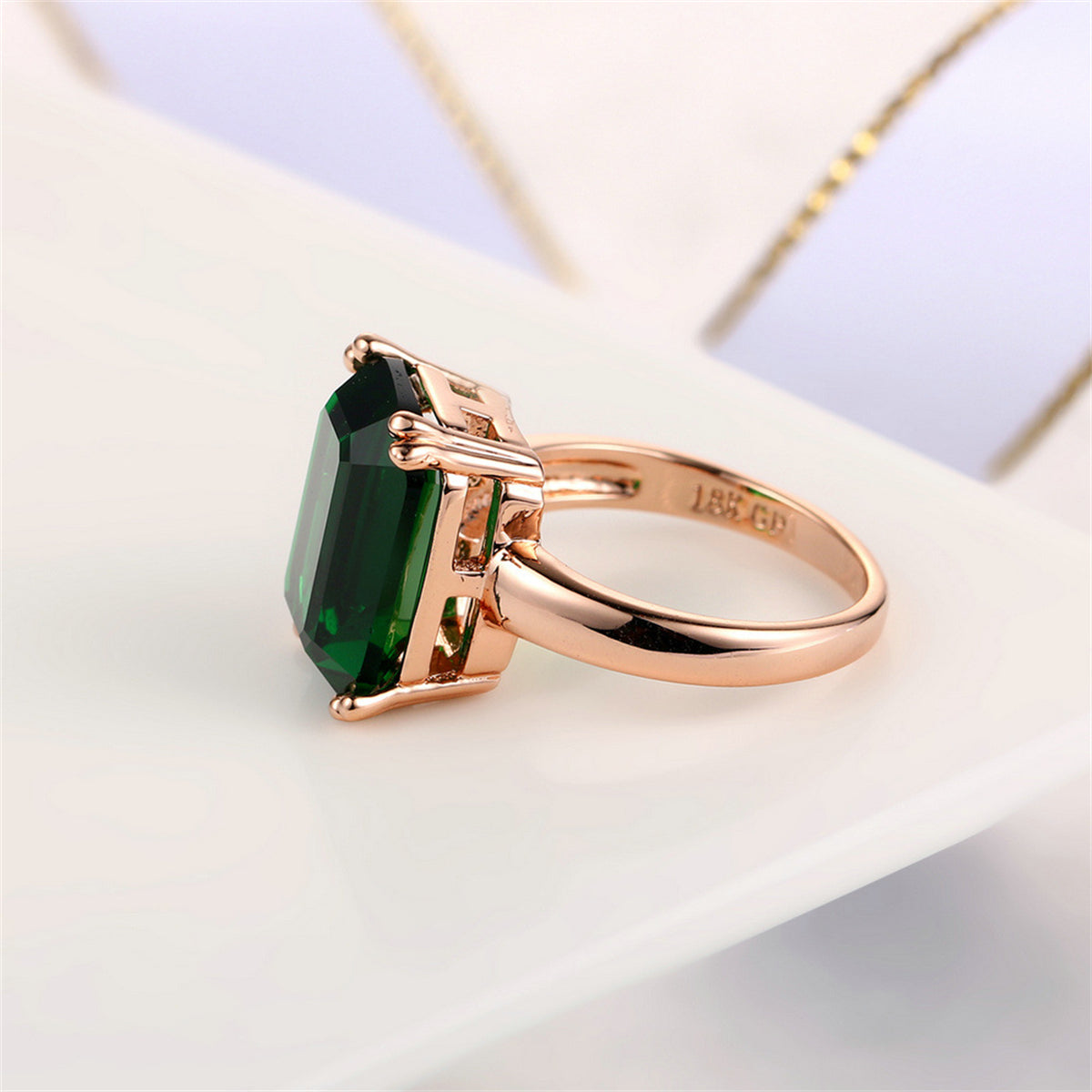 Green Crystal & 18K Rose Gold-Plated Emerald-Cut Ring