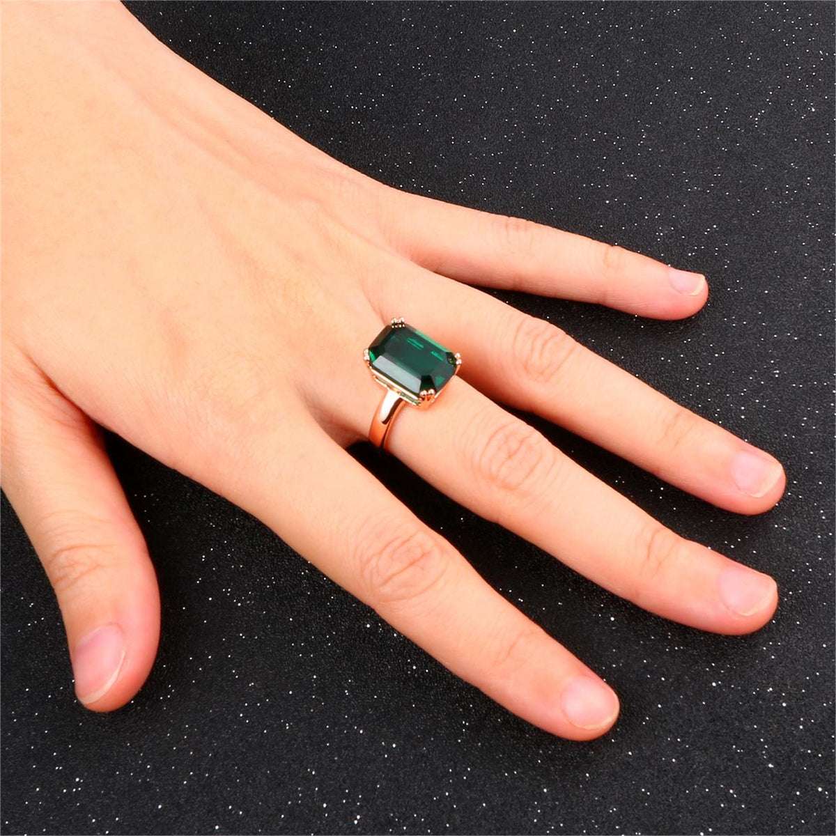 Green Crystal & 18K Rose Gold-Plated Emerald-Cut Ring